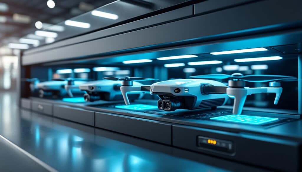 découvrez notre station d'accueil automatisée qui recharge efficacement les batteries des drones de ronde de sécurité, assurant une surveillance continue et sans interruption.