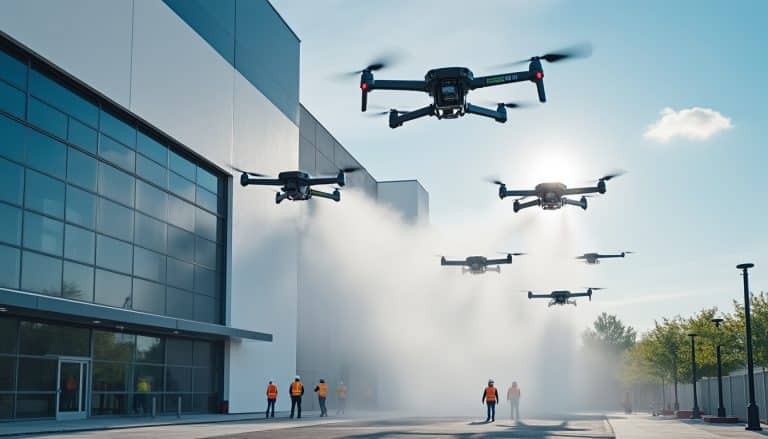 découvrez comment les drones de peinture industrielle recouvrent rapidement les façades de bâtiments, pour des chantiers plus efficaces et sécurisés.
